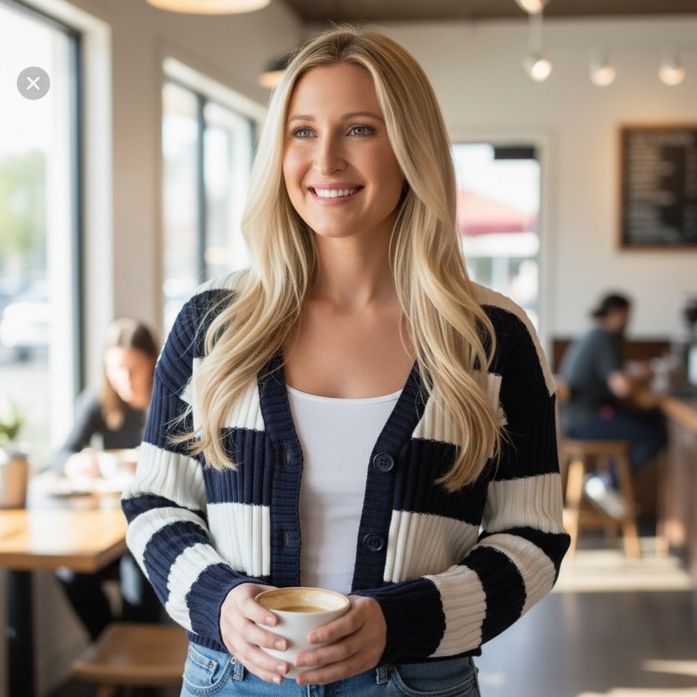 American‎ Eagle Striped Cropped Cardigan Sweater Navy Blue White Ribbed Knit S